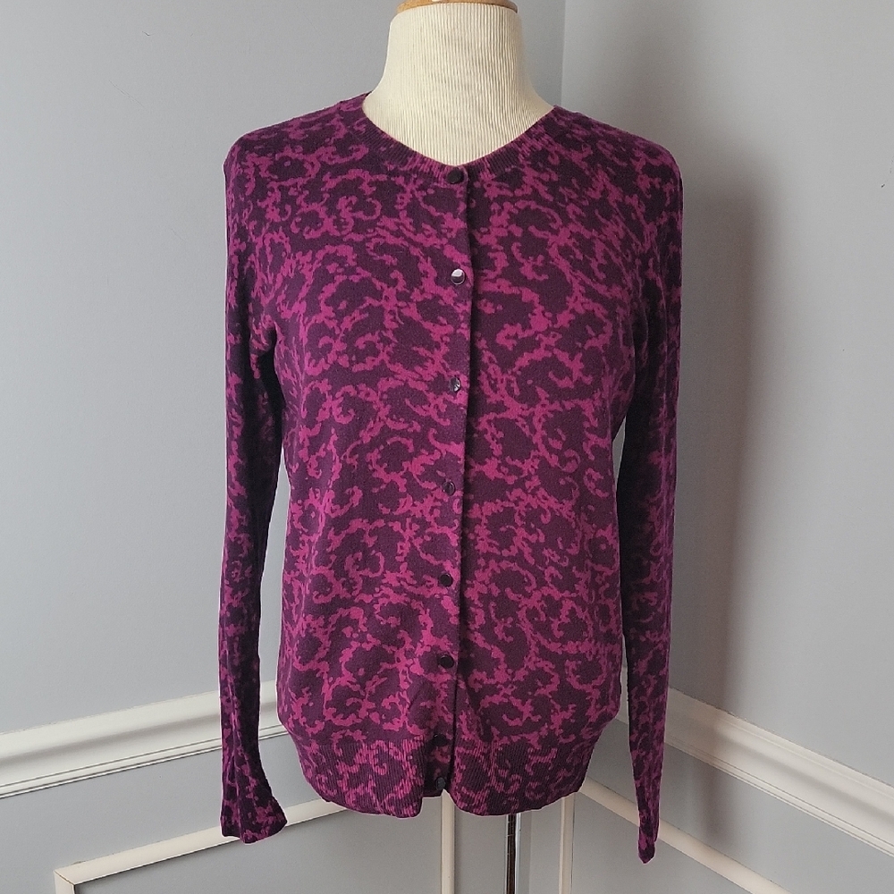 MERONA Purple Pink Abstract Print Classic Office Casual Boho Crewneck Cardigan L